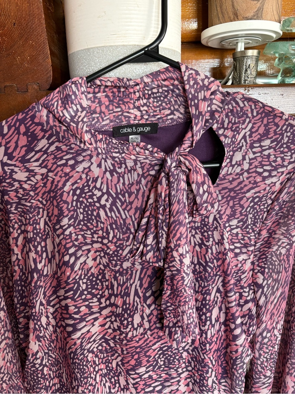 Cable & Gauge Pink Purple Abstract Tie-Neck Long Sleeve Blouse XL